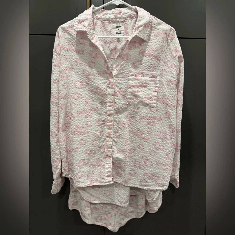 Aerie Wicked Pajama Set Seersucker Pink Graphic Button Down & Shorts M/L